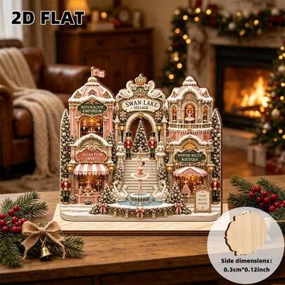 2D Flat Christmas Wooden Decorative Plaque, Party Decoration, Perfect Holiday Gift, Desktop Office, Home Decor Ornament, Christmas Decoration, Suitable For All Occasions, Vintage, Pastoral, Vintage Fairy Tale Swan Lake Village, Nutcracker Soldier Ballet Girl, Red And Blue, Window Display, Entryway Decoration, Decorative Sign And Plaque