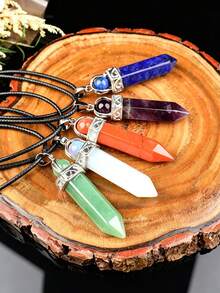 Natural Crystal Hexagonal Pillar Pendant Necklace, Rotating Round Bead Crystal Pillar Charm, Vintage Silver-Tone Leather Cord Necklace, Healing Energy Stone Accessory - Round Bead Single Point Pendant - View 11