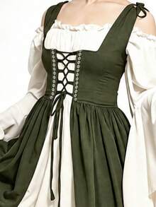Medieval Renaissance Lace-Up Corset 2 Pieces Dress, Halloween Cosplay Performance Full Skirt Long Dress, Solid Color Drawstring - Olive Green - View 5