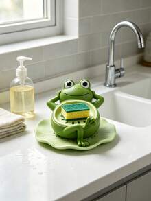 1pc Frog Shaped Kitchen Sink Sponge Holder, Cute Animal Frog Design Drain Rack, Plastic Dish Brush Cloth Drainage Rack With Drain Tray, Multi-Functional Kitchen Bathroom Cleaning Tool Storage Rack, Bathroom Shelf Soap Box, Sink Side Faucet Sponge Storage Basket, Frog Drain Rack, Kitchen Countertop Cleaning Brush Storage, Bathroom Decor Storage Supplies - Multi-color - View 9