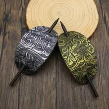 1pc Random Style Vintage Long Hair Bun Holder, Leather Oval Hair Stick Hair Clip - Multicolor - View 7