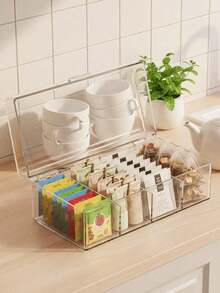 1pc 4-Compartment Transparent Tea Bag Storage Box, Multi-Grid Portable Coffee Bag Organizer, Flip Lid Moisture-Proof Dust-Proof Storage Box, Suitable For Kitchen, Office Breakroom, Living Room Coffee Table And Small Item Organization - Transparent - View 5