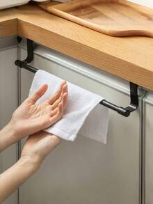 1pc Black Stainless Steel No-Drill Towel Rack, Single Bar Towel Rack, Cabinet Door Hanging Towel Bar, Long Dishcloth Rack, Suitable For Bath Towels, Bath Towels And Hand Towels, Kitchen Cabinet Door Dishcloth Hook. Perfect For Bathroom And Kitchen Towel Storage, Space-Saving, Suitable For Home Use. - Black - View 3