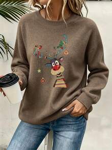 Plus Size Women Ghost Reading Bookshelf Pattern Casual Pullover Sweater - Earth Gray - View 3