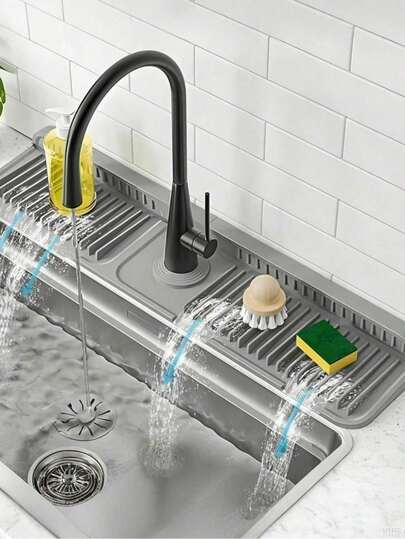 1pc Gray Faucet Splash Guard Mat For Kitchen Sink, 23.6 X 5.5 In Silicone Drip Catcher With 5° Sloped Drainage, Grooved Surface, 2.5 In Center Opening, Organizer Tray For Sponge & Soap, Easy-Clean Countertop Pad, Cyber Monday, Halloween, Christmas