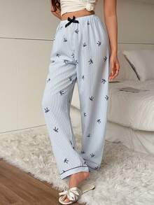 1pc Women's Comfortable Blue & White Striped Bow Print Long Pajama Pants, Soft Polyester, Non-Sheer - Blue - View 5