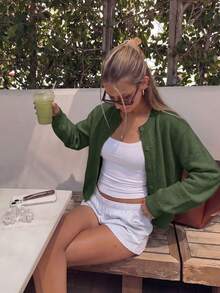 Women's Korean Style Minimalist Preppy Solid Color Round Neck Ribbed Front Button Casual Versatile Long Sleeve Cardigan - Dark Green - View 2