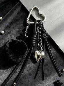 Korean Ins Style Black Pom Pom Keychain, Heart Clasp Braided Rope Bag Charm Accessory - Multicolor - View 4