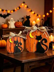 1/2pcs 3D Wooden Pumpkin & Black Cat Figurine Set, Vintage Halloween Desktop Decor, Freestanding Pumpkin Cat With Burlap Bow, Suitable For Tiered Tray, Fireplace Mantel, Indoor Home Party Decoration - Multicolor - View 1