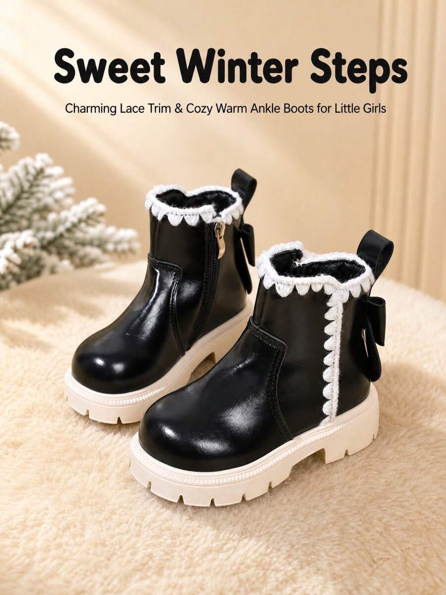 Spring/Autumn New Princess Style Short Leather Boots For Girls, Size 21-32, Non-Slip Wear-Resistant Round Toe Toe-Protection Children's Dress Photo Daily Boots - Black - View 1