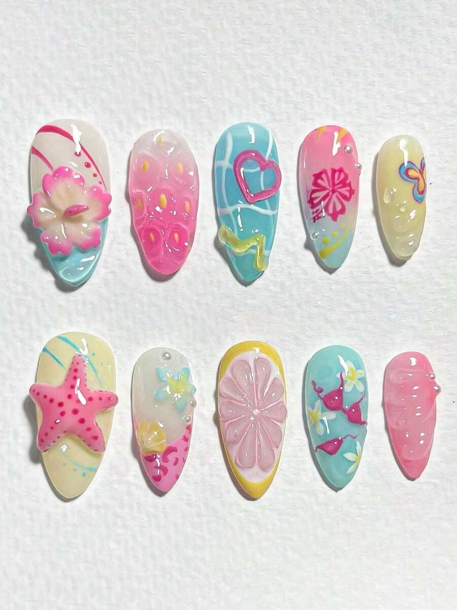 10pcs/Pack Stiker Kuku Bentuk Almond Sedang 3D, Gradien Warna-warni, Desain Kristal Lemon Bunga, Kuku Palsu Penutup Penuh, Cocok Untuk Wanita dan Anak Perempuan Perlengkapan Kuku untuk Pemakaian Sehari-hari
