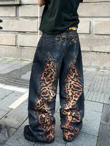 1pc Digital Print Loose Fit Casual Straight Leg Jeans, Comfortable Streetwear Style Pants For Men, Versatile All Season - الأسود - مشاهدة 2