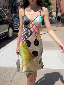 Stylish Women's Sleeveless Short Cami Dress Featuring Multi-Color Polka Dots, Knitted Fabric Bodycon Fit For Parties, Spaghetti Strap Design - Multicolor - View 5