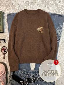 Plus Size Women's Ghost Reading Bookshelf Graphic Casual Pullover Sweater - Dark Ochre - View 5