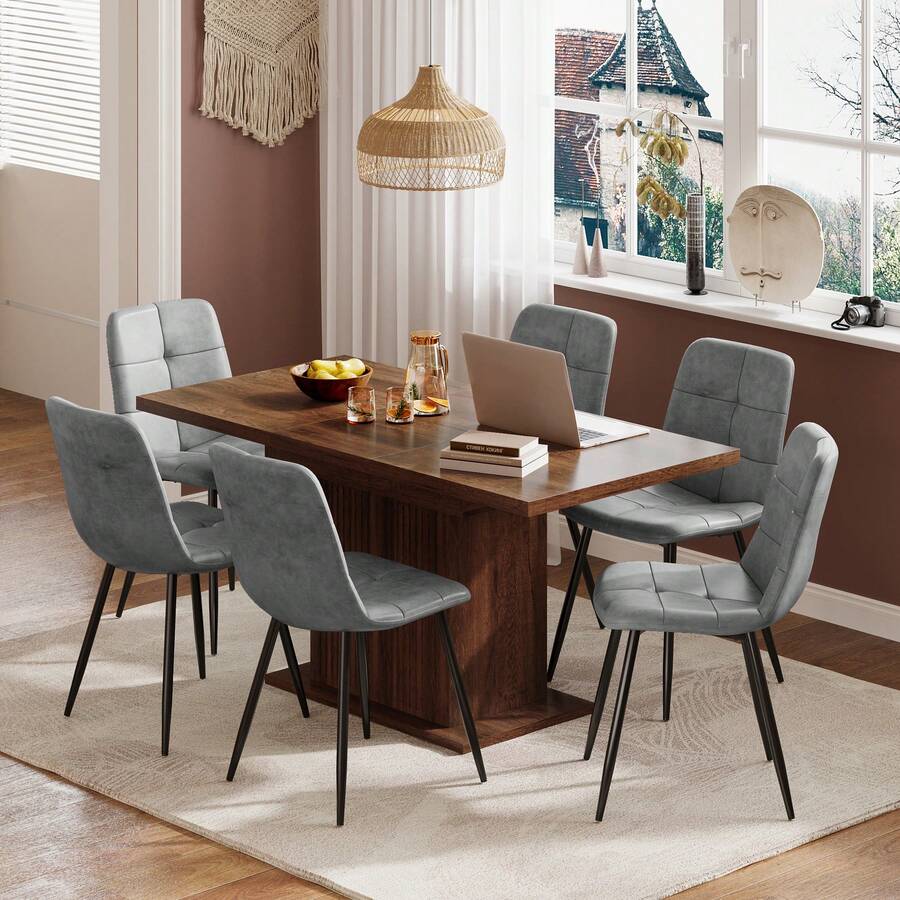 Extendable Dining Table And Chairs Set Of 6, Rectangular Dining Table With Storage Rack And Padded Chairs, Durable Dining Furniture Set Suitable For Dining Room And Kitchen - Brown Table + Grey PU Chair - View 1