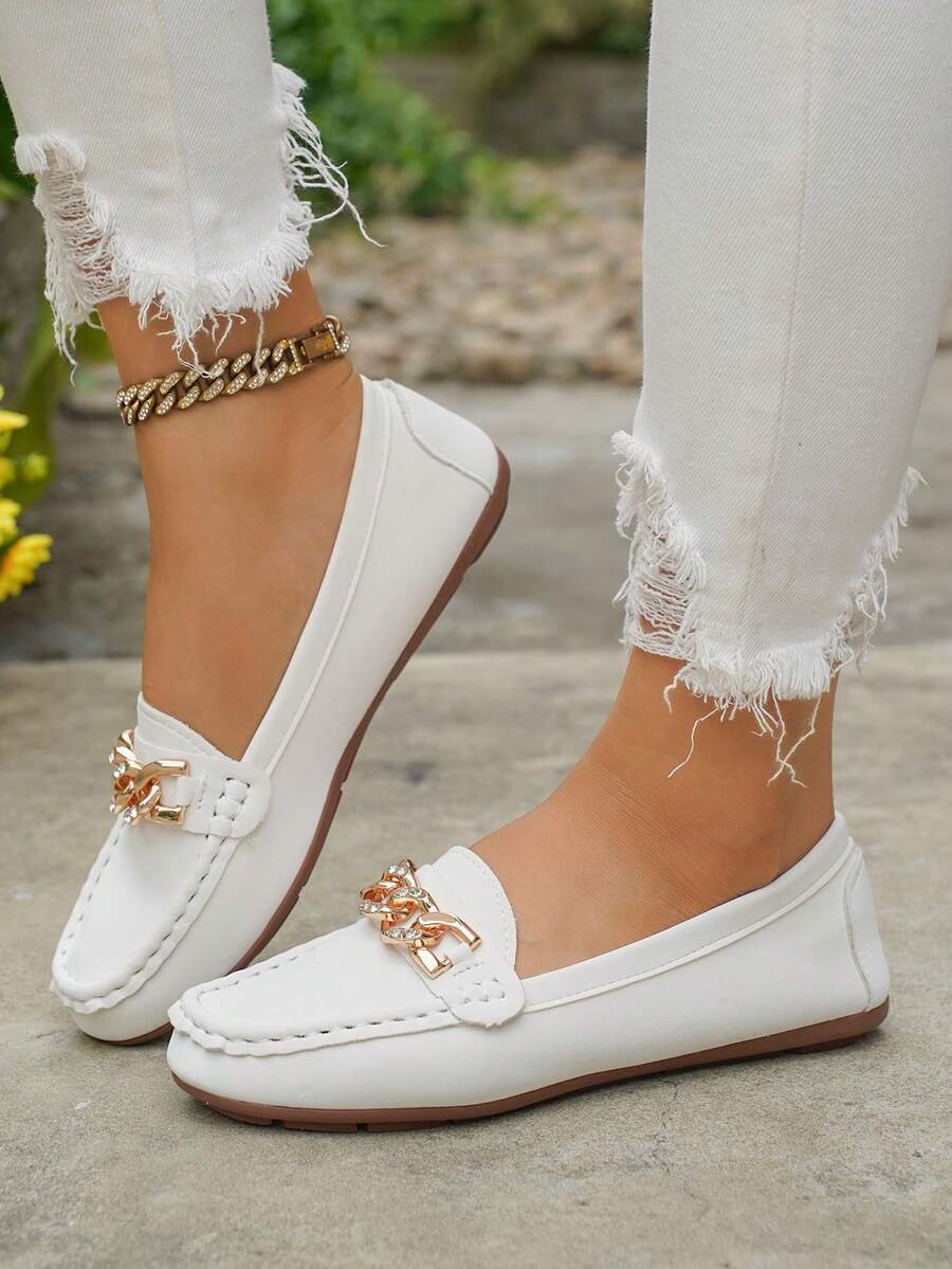 Women's Spring New Gold Chain Elegant Slip-On Loafers, Lightweight Comfortable Versatile Rubber Flat Shoes - White-chain - View 1
