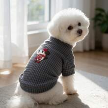 1PC Waffle Knit Dog T-Shirt, Cute Cartoon Puppy Patch Half High Collar Pet Short Sleeve Shirt, Soft Stretchy Daily Clothes For Small Dogs Bichon Maltese Poodle - Dark Grey - View 2