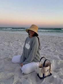 女款可愛休閒新款時尚秋季Y2K天鵝印花寬鬆長袖針織毛衣套頭上衣 秋冬外出穿搭服飾 - 灰色 - 查看 8