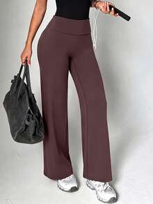 Aoqta Sports Women's Fall Casual Knitted Straight Leg Pants, Solid Color Folded Wide Waist Loose Sports Pants, For Yoga, Fitness And Daily Wear - Brown - View 9