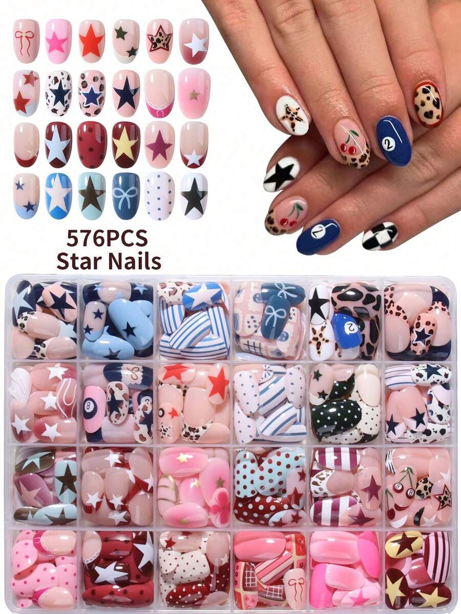 1 Box Of Short Oval French-Style Press-On Acrylic Nail Tips-Designed Specifically For Short Nails. - Multicolor - View 1