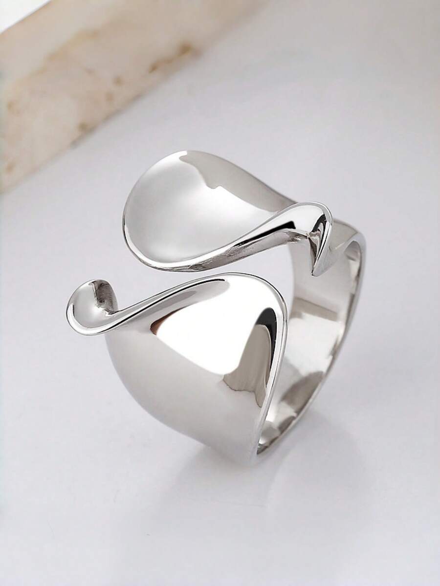 Silvery Liquid Metal Open Ring, Chunky Irregular Wave Curved Smooth Statement Ring, Adjustable Molten Fluid Band Geometric Jewelry Gift For Women Men - Silver - View 1