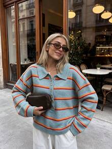Women's American Vintage Casual Colorful Striped Knit Cardigan, Half-Button Front, Loose Fit, Short Length, Drop Shoulder Sweater For Autumn/Winter - Grey-blue Base With Orange-red Stripes - View 2