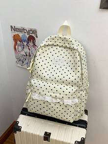 School Backpack + Ruffle Lace Polka Dot Backpack + Large Capacity & Side Pockets + Campus Shopping Trip + Cute Kawaii Nylon Student Daypack - Multicolor - View 12