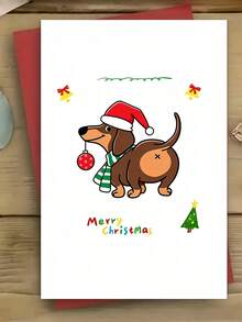 1pc Fun Dachshund In Santa Hat Greeting Card, Festive Cartoon Dog Design, Christmas And New Year Wishes, Universal Holiday Congratulations And Greetings, English Writing, Suitable For Friends, Family, Colleagues, Any Recipient - One Size Fits All - View 2