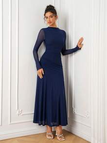 PARTHEA Women's Elegant Deep Blue Mesh Stand Collar Long Sleeve Mermaid Evening Gown, Suitable For Wedding Guests - Navy Blue - View 10