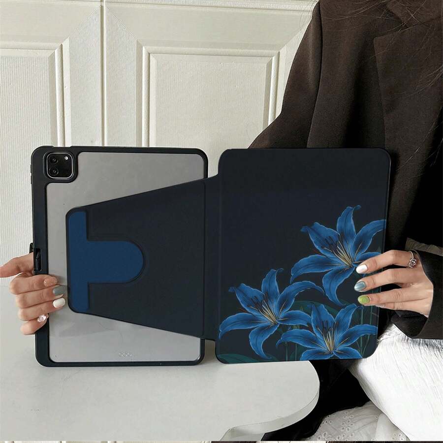 1件深色背景藍百合旋轉平板保護殼，相容 iPad Air 6/5/4 &10 (10.9 吋) - 相容 iPad Pro 2024、Air M3/A16 2025，相容 Galaxy Tab S9 FE/S8 Plus/S7/S10，相容 OPPO Pad，相容 MatePad，相容 Vivo Pad，相容 Honor Pad，相容 Pad