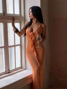 1pc Solid Color Elegant Knit Fabric Dress For Wedding Autumn - Orange - View 1