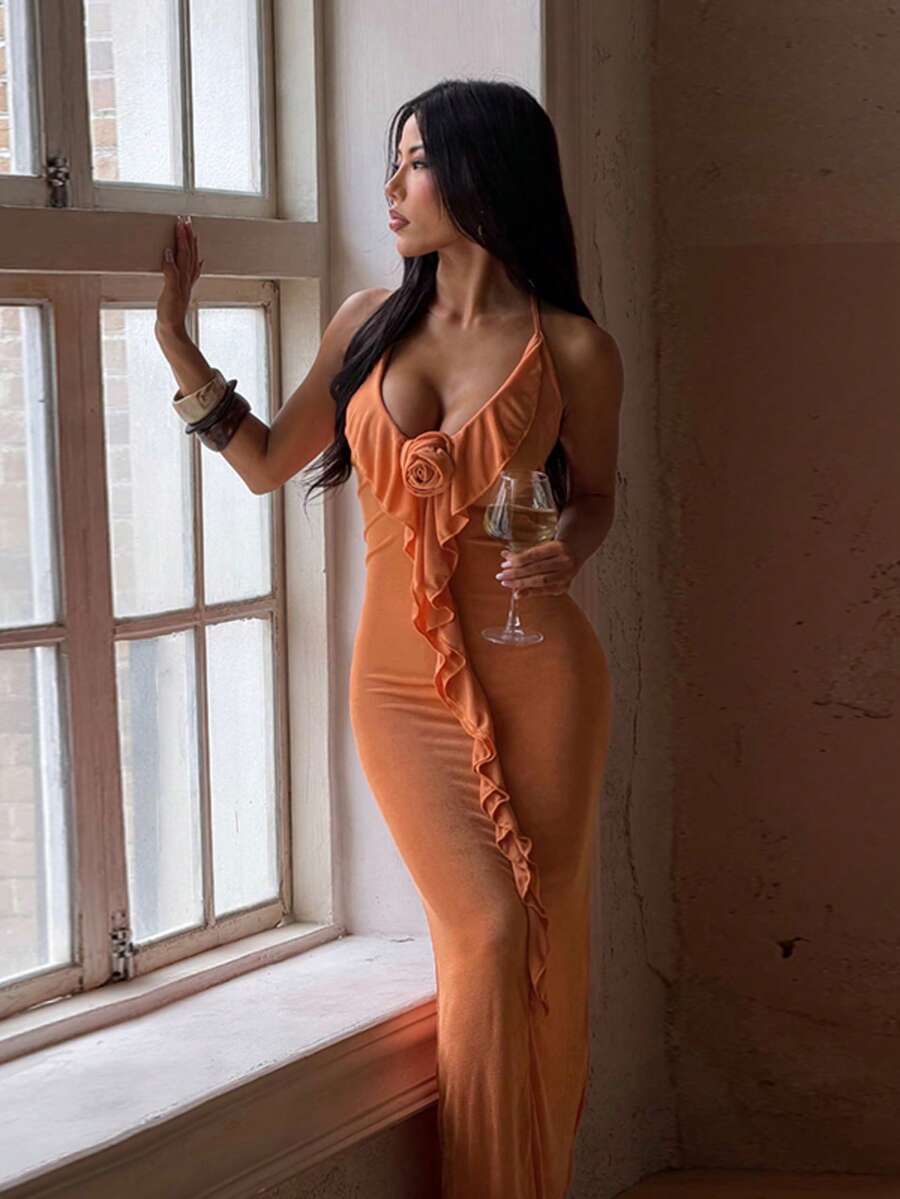 1pc Solid Color Elegant Knit Fabric Dress For Wedding Autumn - Orange - View 1