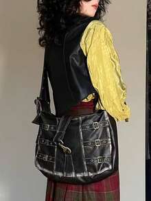 復古 Y2K 熱辣女孩通勤休閒購物女款單肩托特包，美式復古 Y2K 風格皮革皮帶扣設計，斜挎腋下包，小眾 INS 風格亞文化極簡托特包 - 黑色 - 查看 7