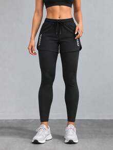 Women 2 In 1 High Waist Sports Leggings With Drawstring Layered Shorts Slim Fit Active Pants - Black - View 11