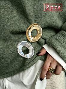 2pcs Asymmetrical Hollow Circle Brooch, Gold & Silver Dual-Tone Alloy Textured Pin, Waist Decor For Suit, Sweater, Shirt, Dress, Women's Accessory For Daily, Commute, Date, Gift - Multicolor - View 1
