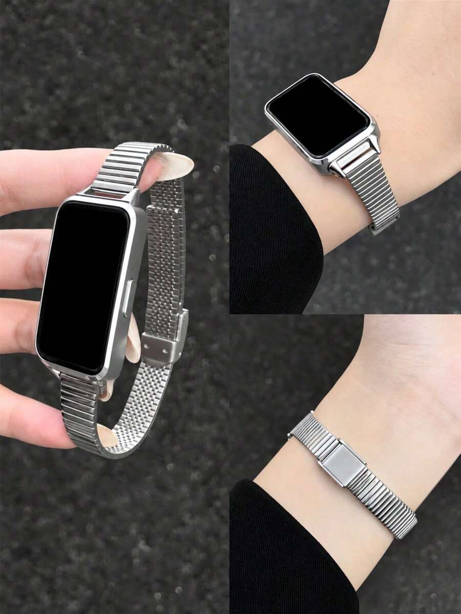 1pc Women's Bamboo Knot Metal Buckle Watch Band, Compatible With Huawei Band 8/9/10/11/11Pro/NFC Series Wristband - Silver - View 1