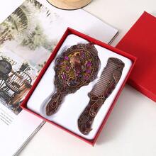 Exquisite Relief Antique Peacock Opening Screen Handheld Mirror & Portable Creative Comb Set, Gift Box With Greeting Card, Birthday Present, Random Gemstone Color, Back To School Gift, Halloween & Christmas Gift - E - View 2