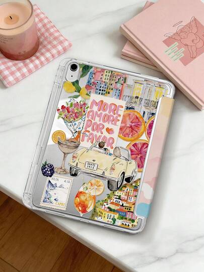 1pc Citrus & Convertible Car Tablet Case Compatible With IPad Mini6/Mini7/10.2/10.5/10.9 (Air4-Air8)/Pro 11/10th Gen/A16/Pro 11 2024 Models, Double-Sided Colorful Pattern, Transparent Acrylic Back Shell, Silk Texture 8-Angle Stand, Auto Sleep/Wake, Built-In Pen Slot, Pen Not Included, Some Models With Camera Frame