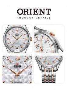 Men's ORIENT Two‑Tone Automatic Mechanical Watch Textured Silver Dial Roman Numeral Indices Date Display Stainless Steel Bracelet Business Dress Watch - SAC04001W0 - View 6