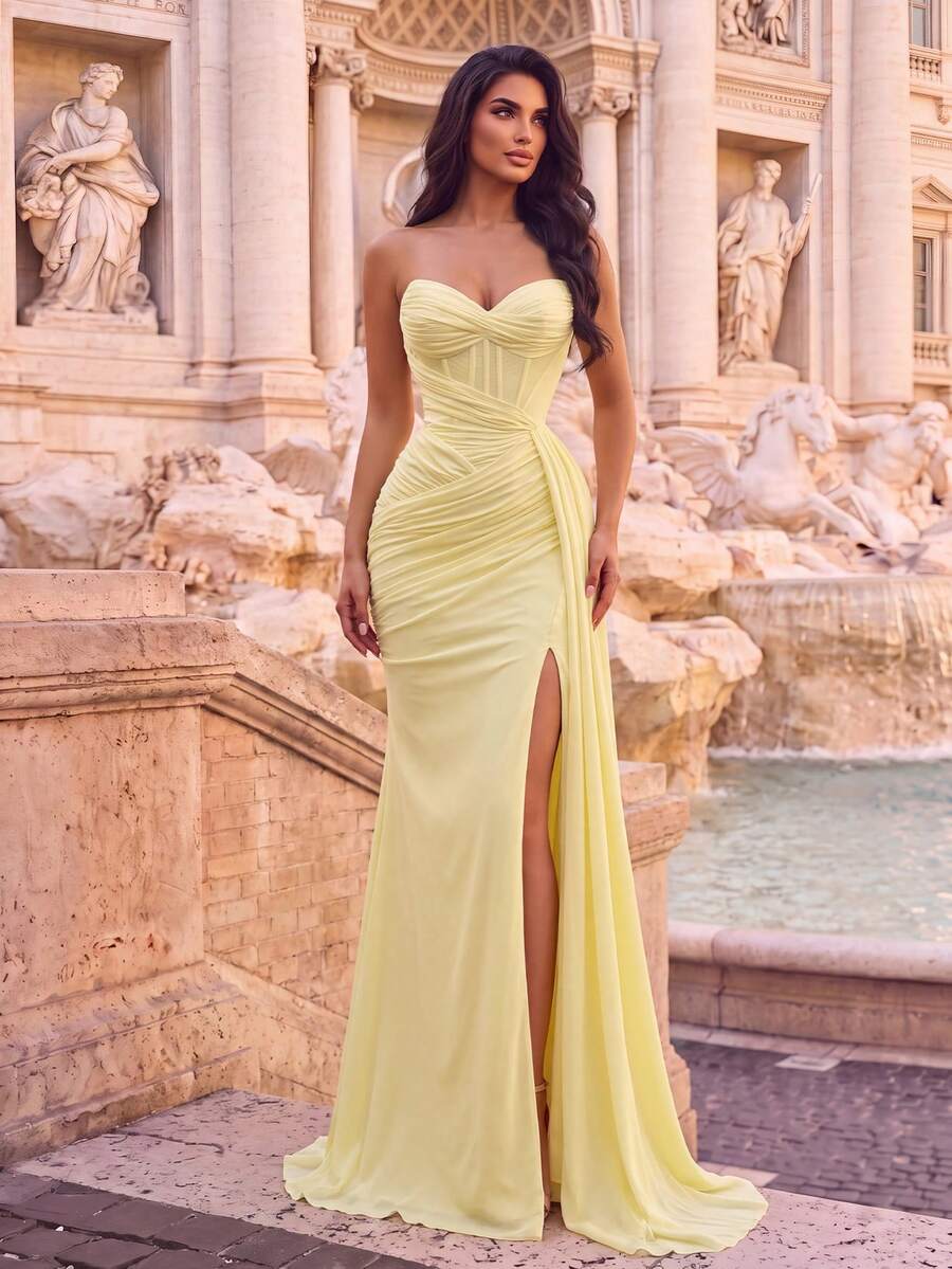 Elegant Strapless Sweetheart Ruched Mermaid Maxi Gown High Slit Long Train Slim Fit Dress For Photoshoot Beach Vacation Resort Evening & Formal Event - Light Yellow - View 1