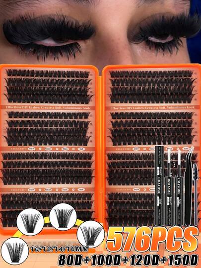 Special Offer 640PCS DIY Eyelash Extension, Natural, Ultra Thick, Cat Eyes, Cosplay, Dramatic Styles Suitable For Beginners, D Curl, Suitable For Outdoor Or Home Use.Great Gift For Halloween,Starter Kit:Lashes+Glue+Tweezers+Brush All-In-One