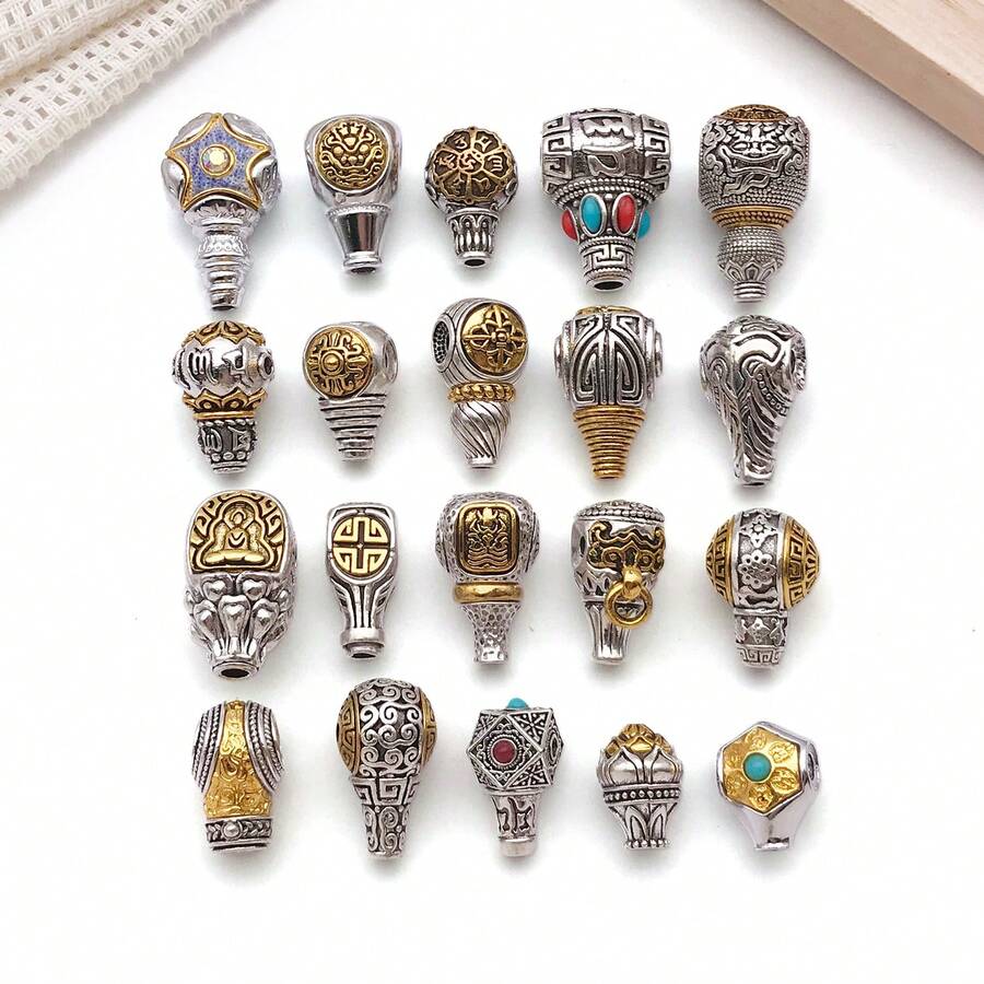 2pcs Buddha Head Pendant Dual-Color Alloy Inlaid Turquoise Beads, DIY Jewelry Making Handmade Prayer Beads Bracelet Craft Accessories - Multicolor - View 1