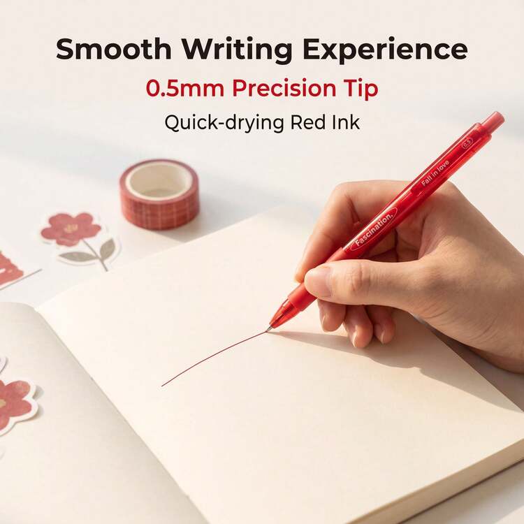 9PCS Red Theme Ballpoint Pen Set, Click-Action Snap Structure, Multiple Pen Barrel Styles, Notebook Recording, Problem Solving, Handwriting, Office Stationery Set, 0.5mm Writing Tip, Student Office Daily Note-Taking And Problem Solving Stationery Set - Sets - View 5