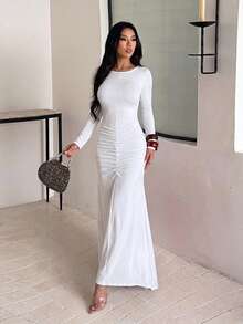 Autumn Solid Color Open Back Ruched Long Sleeve Dress Women Elegant Dress Party Date - White - View 5