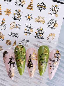 5Pcs Christmas Gold Nail Stickers, Self-Adhesive Metallic Nail Art Decals With Snowflake, Xmas Tree, Reindeer, Snowman & Winter Letter Pattern, Holiday DIY Manicure Decorations Supplies - Multicolor - View 5