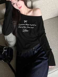 Women's New Long Sleeve T-Shirt For Spring Autumn Winter, Japanese Street Style, Sexy Cold Shoulder, Fashionable Niche Design, Loose Fit, Flattering, Pure Desire Style, Minimalist Versatile, Bowknot Letter Print, Daily Commute, Back To School Season, Off Shoulder, Korean Style Top - White - View 1