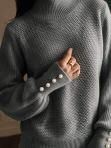 Women's Fall Winter Heather Gray Waffle Knit Mock Turtleneck Lantern Sleeve Pearl Button Cuff Oversized Sweater, Elegant Casual Daily Office Wear - Grey - View 4