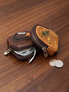 Vintage Camel Palm Tree Mini Leather Coin Purse With Carabiner, Earphone & Key Storage Bag, Portable PU Leather Earphone Organizer, Outdoor Travel Mini Bag - Multicolor - View 2