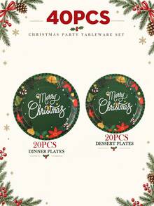 10/20pcs Christmas Disposable Paper Tableware Set, Includes 7-Inch And 9-Inch Plates, Cups, Napkins And Straws; Featuring Deep Green "Merry Christmas", Poinsettia And Bell Decorative Patterns, Suitable For Christmas Parties, Holiday Dinners, Winter Celebrations And Holiday Table Decor. - Multicolor 3 - View 9