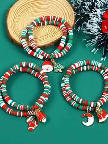 6pcs Christmas Red & Green Striped Soft Clay Elastic Bracelets With Random Christmas Metal Charms, Santa Claus, Christmas Tree, Holiday Accessories - Multicolor - View 7